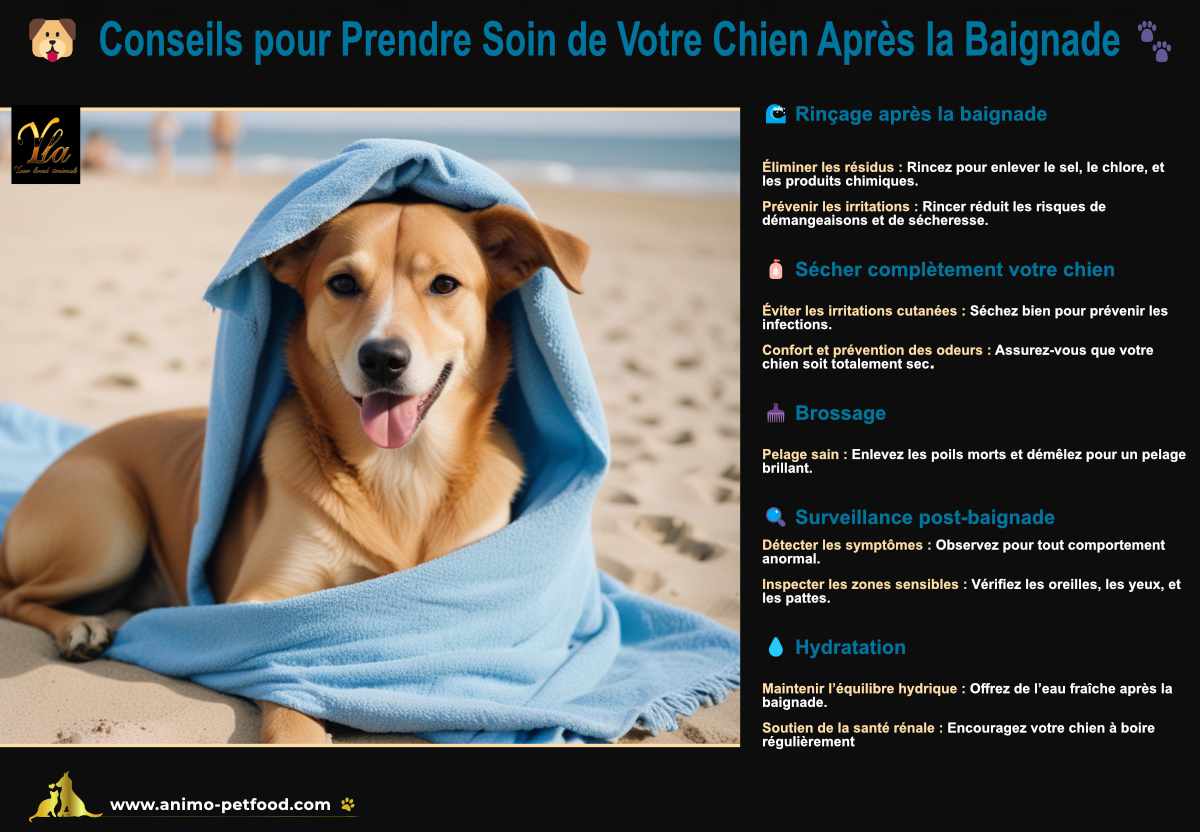 Prendre soin de votre chien après la baignade : Rinçage pour éliminer les résidus, séchage complet, brossage, surveillance des symptômes, et hydratation adéquate.